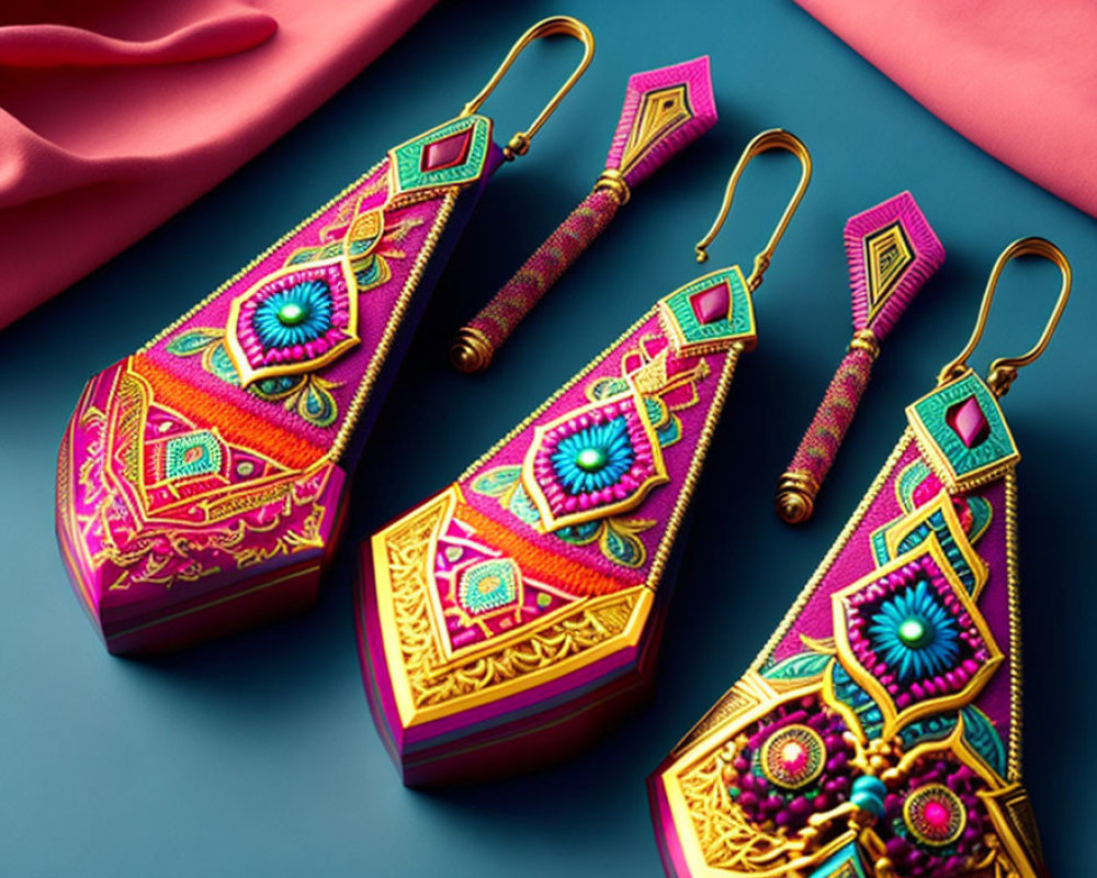 Colorful embroidered earrings with gold accents on teal and pink fabric