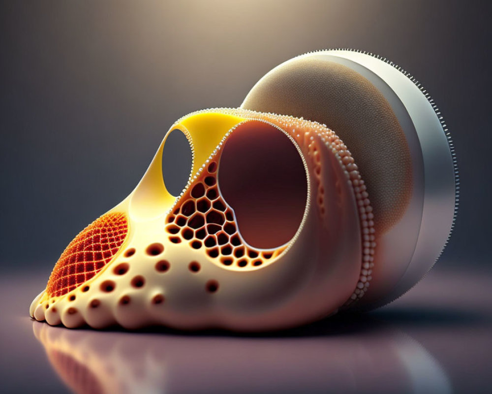 Abstract digitally-rendered object with porous bone-like and mechanical textures on a muted background