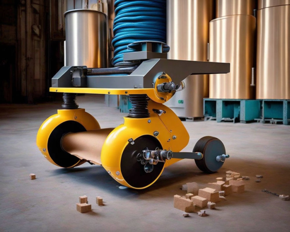 Yellow-wheeled industrial cable drum roller on concrete floor with blue cable coil and wooden debris.
