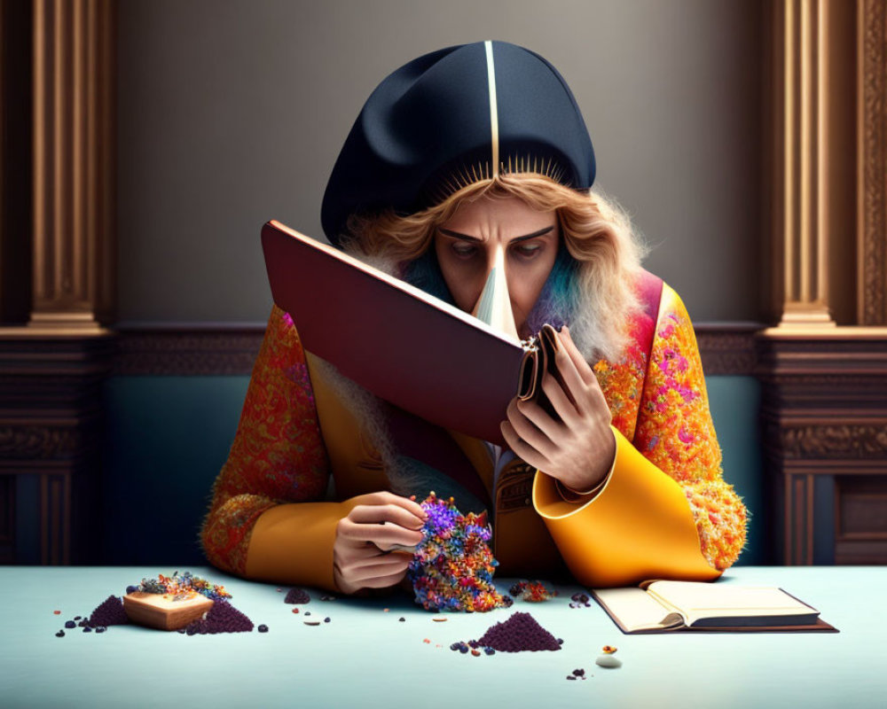Stylized person reading with blue hat, spilled beads, cake, and notebook