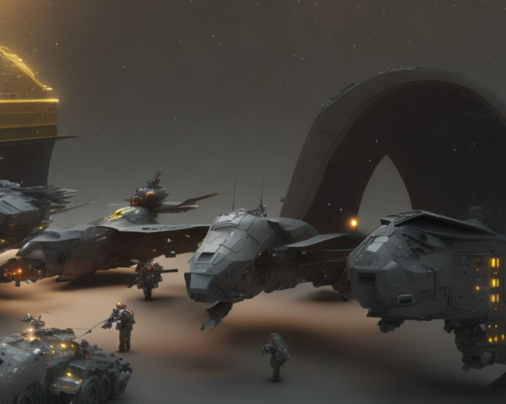 Futuristic spacecraft fleet emerges from massive portal in space