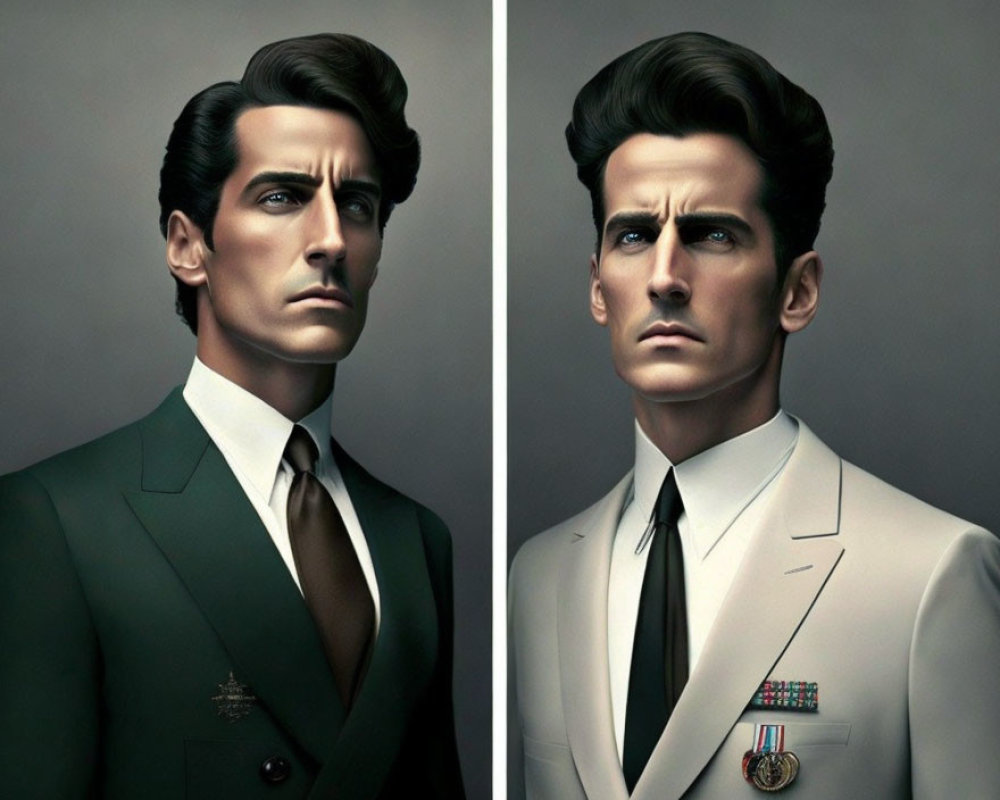 Stylized digital portraits of a man in green blazer and white military uniform on grey background