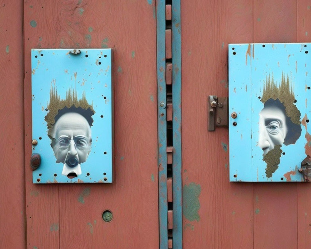 Metal panels on wooden fence resemble faces with bolt nose and rust hair.