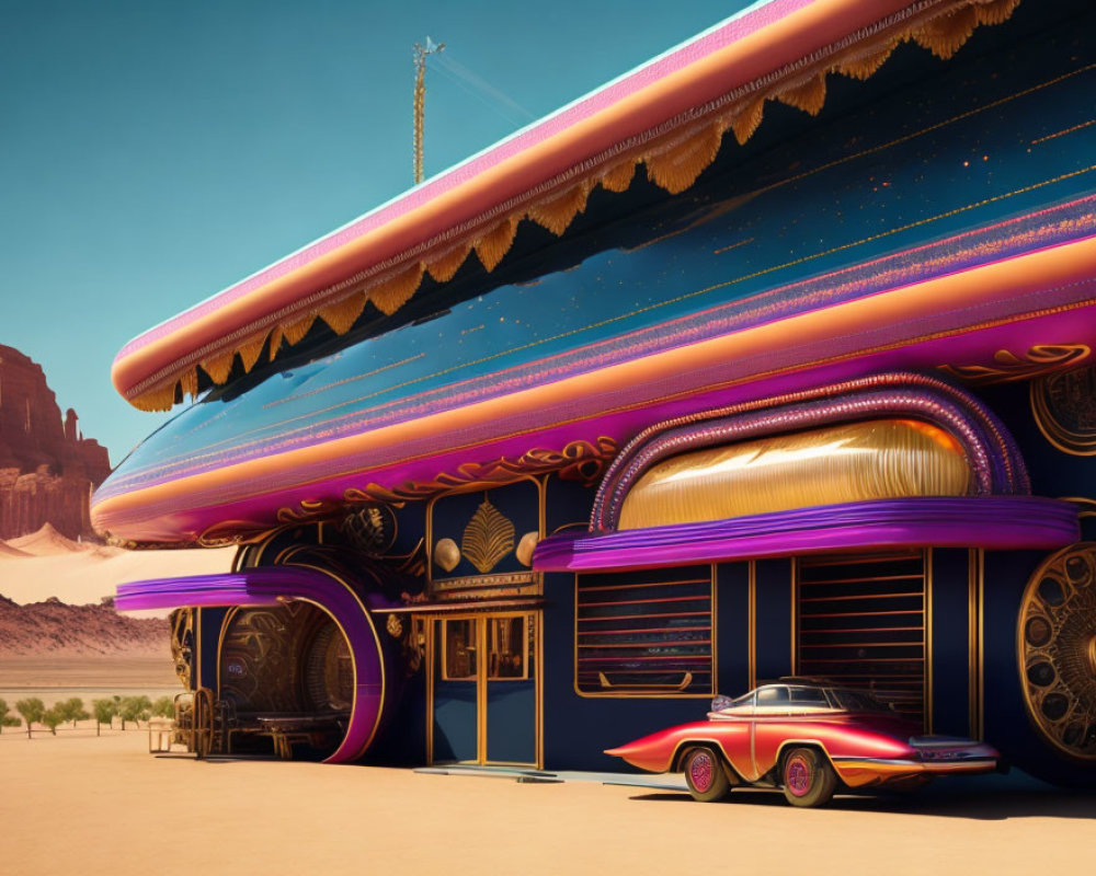 Futuristic diner building with neon lights & retro car in desert