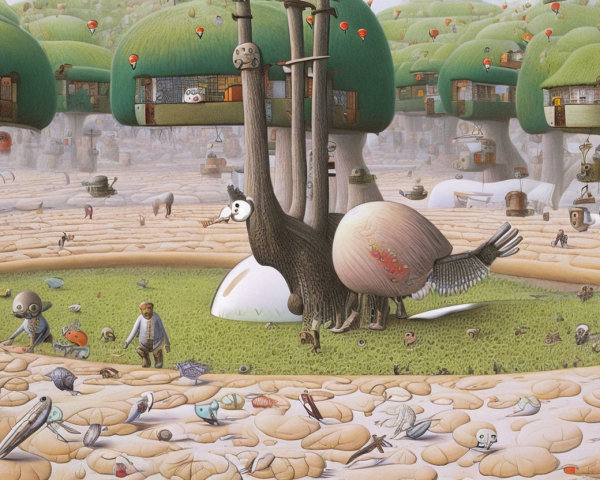 Surreal landscape featuring oversized fruits, creatures, and tiny human-like figures