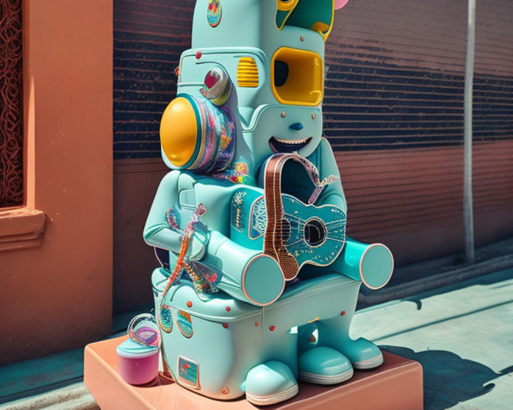 Whimsical turquoise elephant-themed vending machine with guitar design