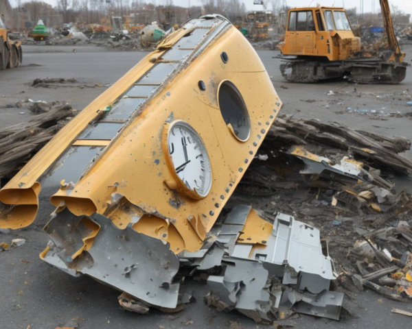 Damaged yellow cabin amid debris with construction vehicle