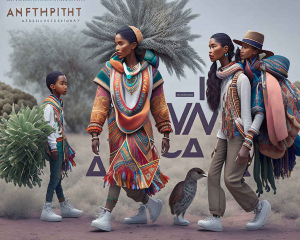 Four individuals in vibrant traditional outfits walking with colorful accessories.