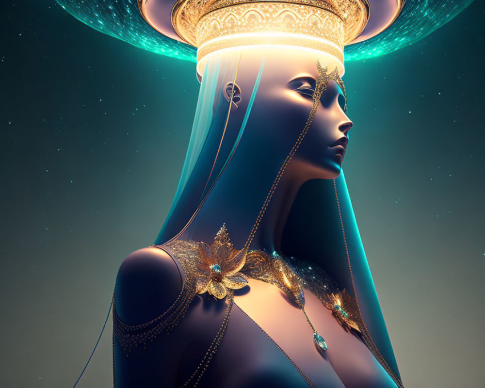 Stylized regal female figure with golden headgear and jewelry on dark starry backdrop