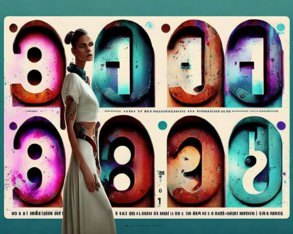 Woman in White Dress Beside Colorful Graffiti Numbers 8 and 9