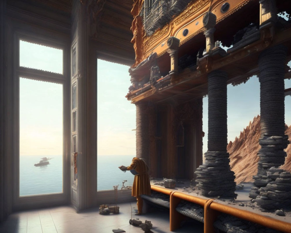 Person in yellow cloak on balcony overlooking cliffs and sea with boat