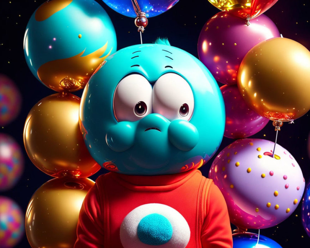 Blue Cartoon Character Surrounded by Colorful Balloons in Starry Night
