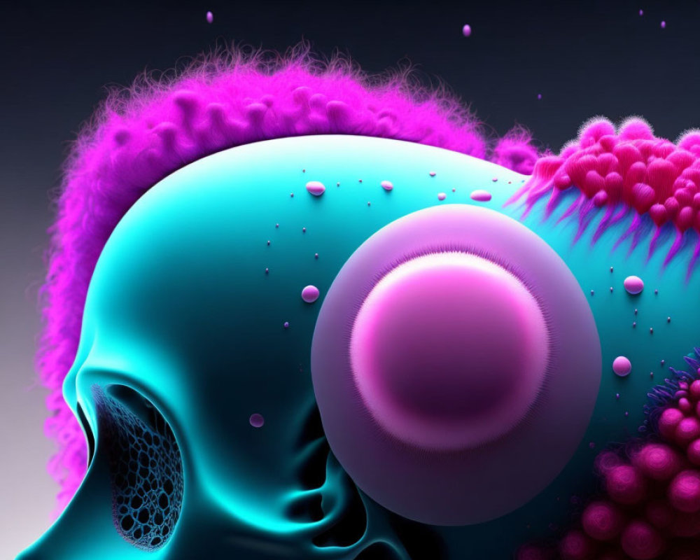 Vivid blue and pink surreal 3D human skull with abstract textures