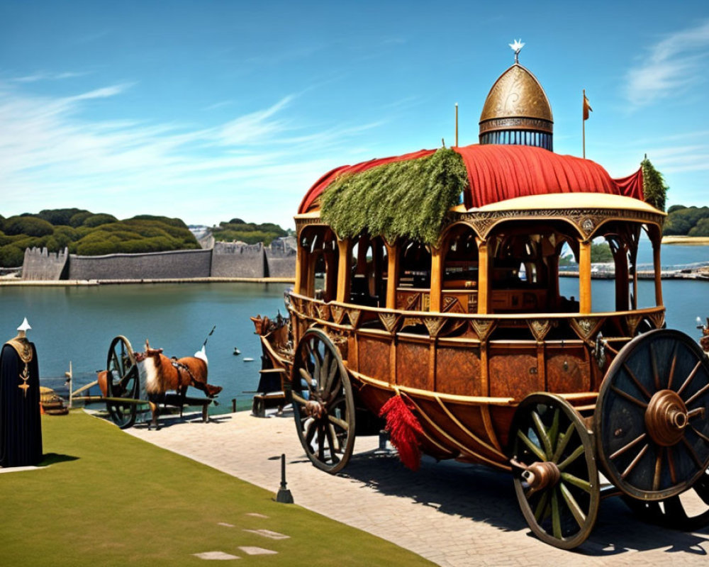 Wooden carriage with red trimmings near lake and castle under blue sky