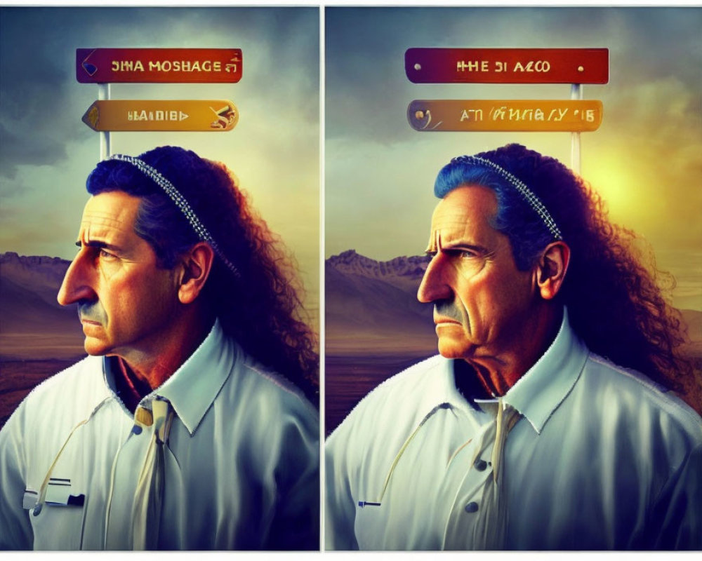Man's face split in two: solemn expression, one side clear sky, other dramatic sunset