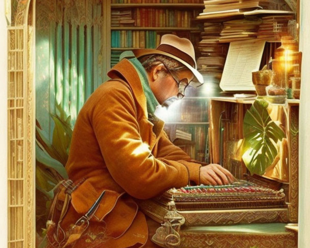 Man in vintage clothing reading at desk in cozy nook surrounded by bookshelves, warm light,