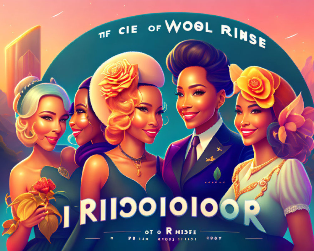 Five stylish women with diverse hairstyles and outfits in a retro-futuristic cityscape.
