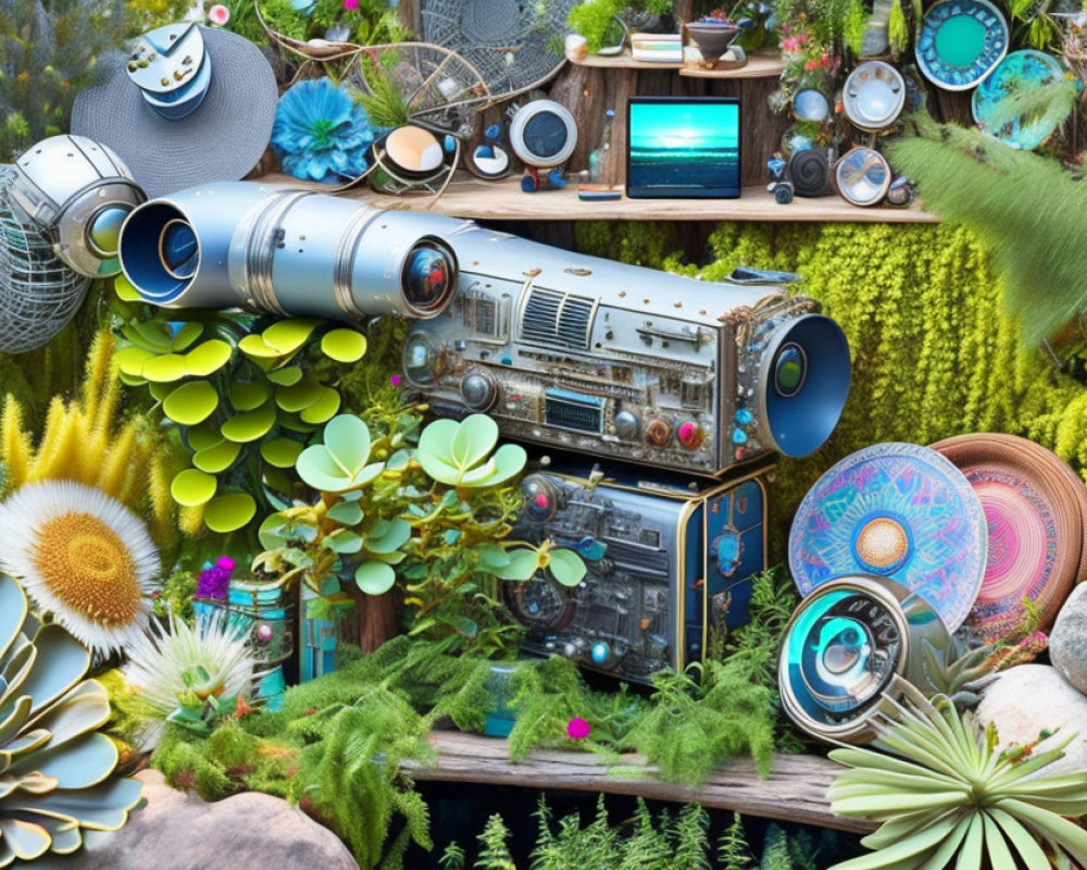 Vintage radios, speakers, and electronics with green plants and decor