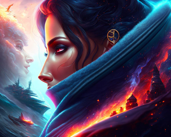 Digital artwork: Woman close-up with cosmic background, man silhouette, ships, fiery cityscape