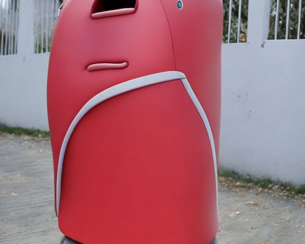 Red and Gray Bear-Like Mascot Suit Outdoors by White Fence