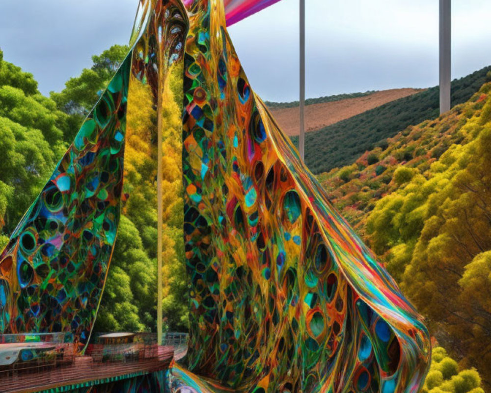 Colorful Psychedelic Art Installation Over Bridge in Lush Foliage