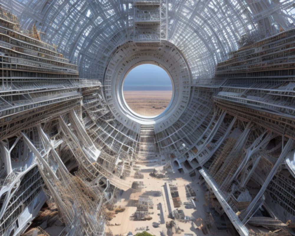 Intricate scaffolding around cylindrical structure in desert landscape