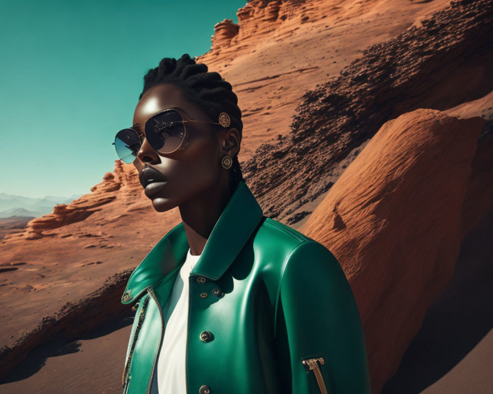 Fashionable individual in sunglasses and green jacket against desert with red sandstone formations