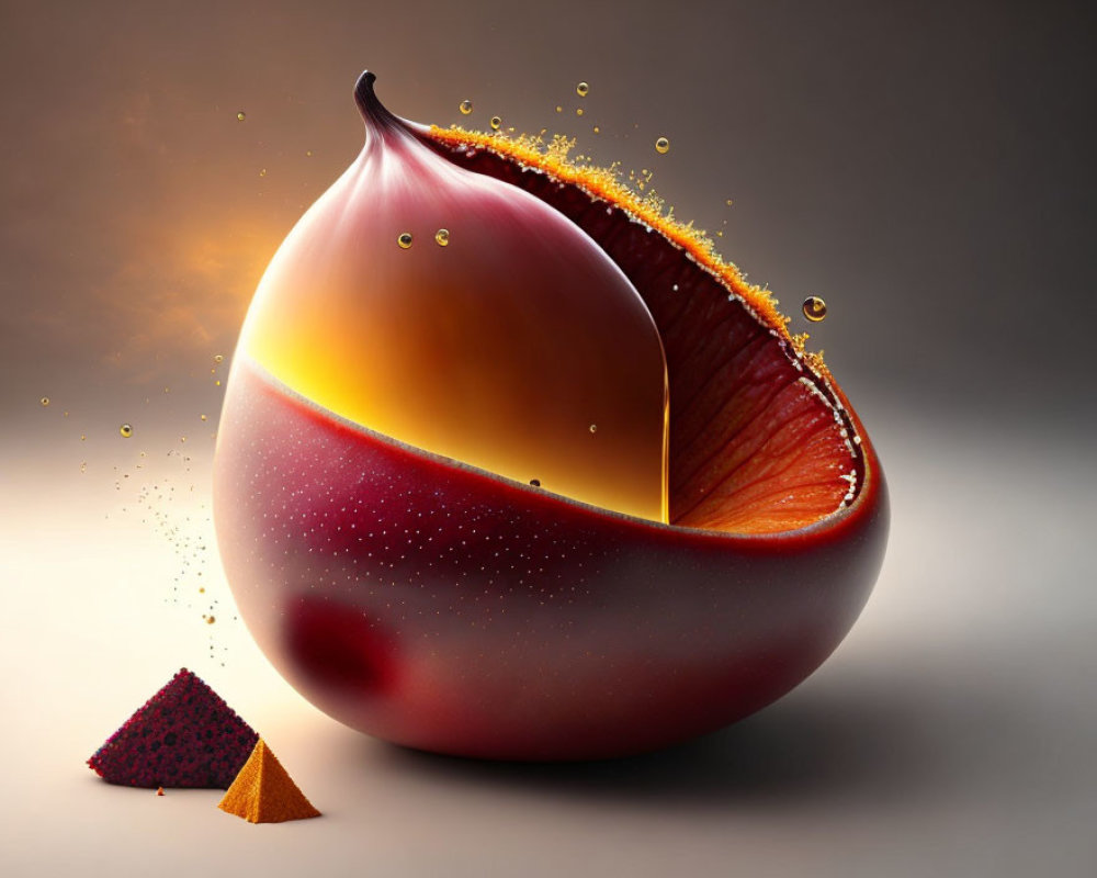 Vibrant artistic depiction of halved fruit with glowing orange interior