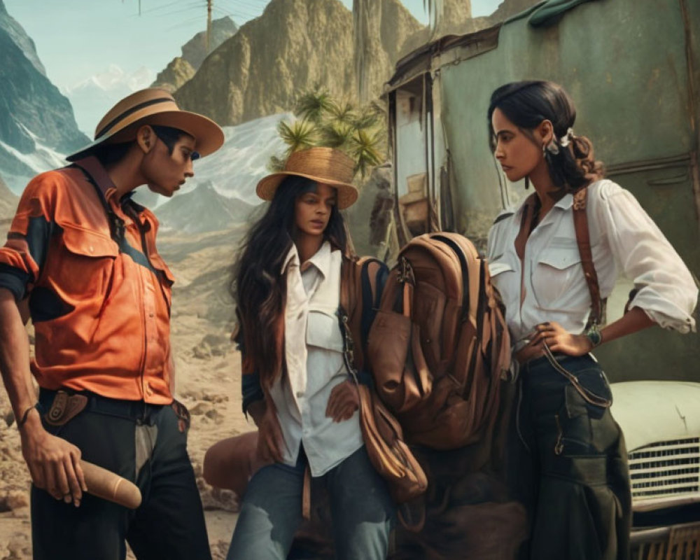 Three people in adventurer outfits with an old vehicle in a desert landscape.