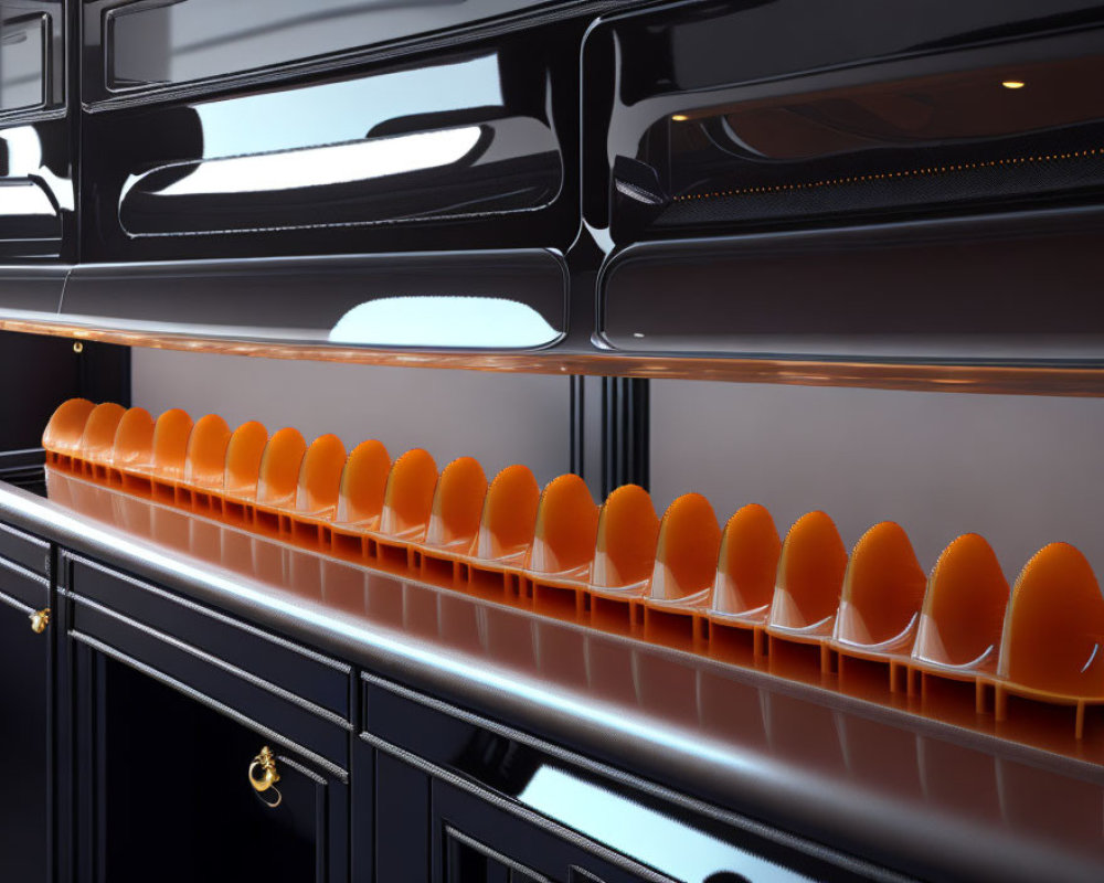 Row of Identical Orange Egg Chairs in Modern Black Interior
