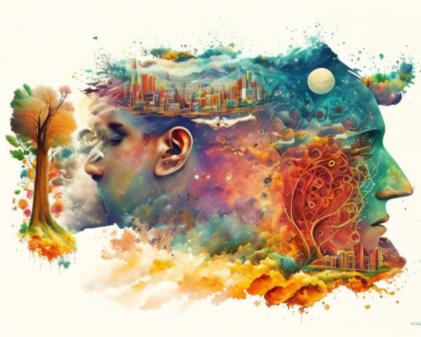 Surreal artwork with overlaid profiles and nature elements