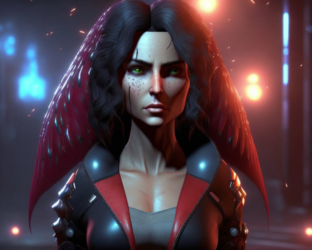 Digital artwork: Woman with green eyes, wavy hair, freckles, futuristic black & red