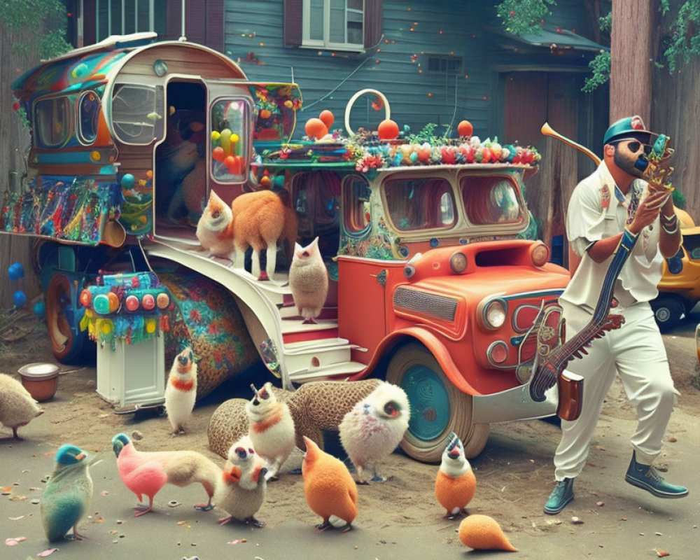 Colorful creatures and saxophonist at vibrant decorated vehicle in rustic setting