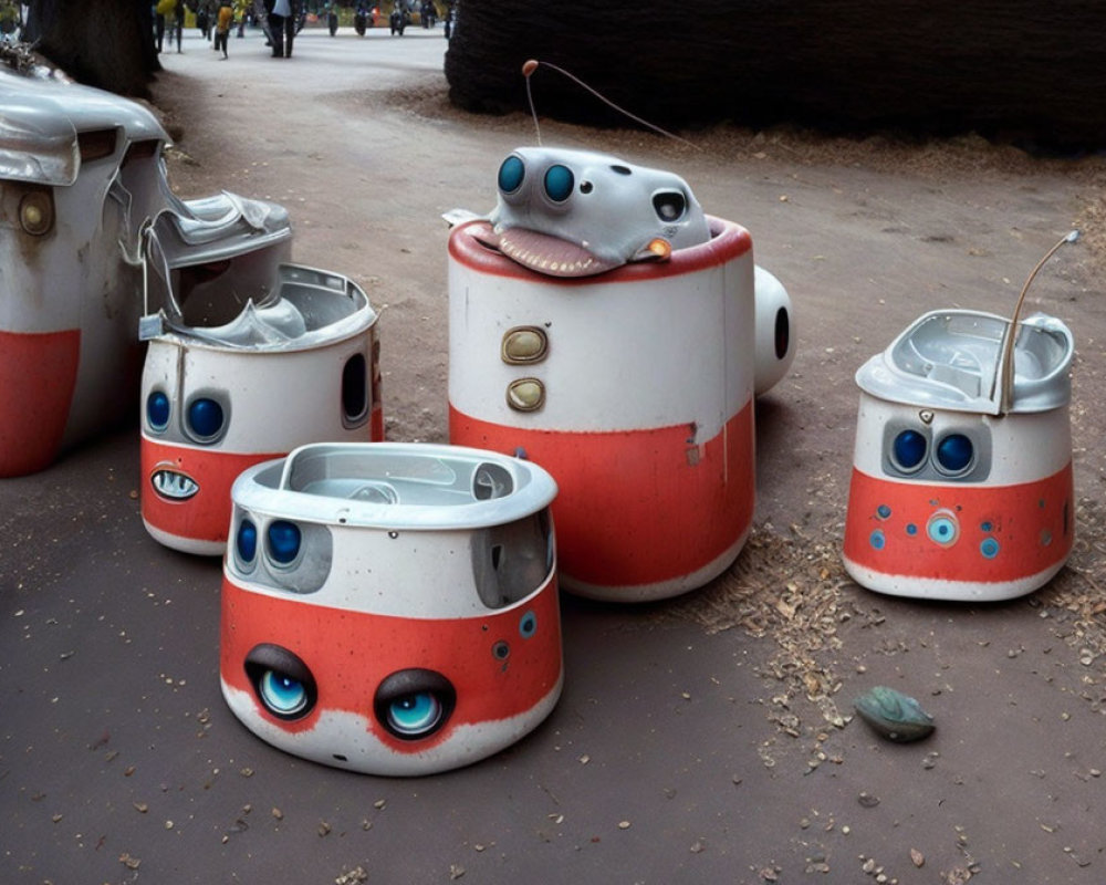 Vibrant robot sculptures from recycled materials in outdoor setting