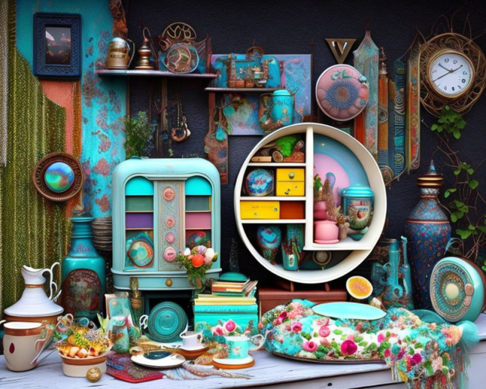 Assorted Vintage Items: Clocks, Vases, Mini Fridge, Decorative Plates