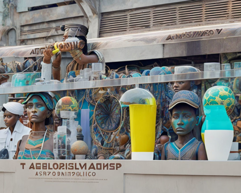 Colorful African headwear and decor displayed on mannequin heads in vibrant storefront.
