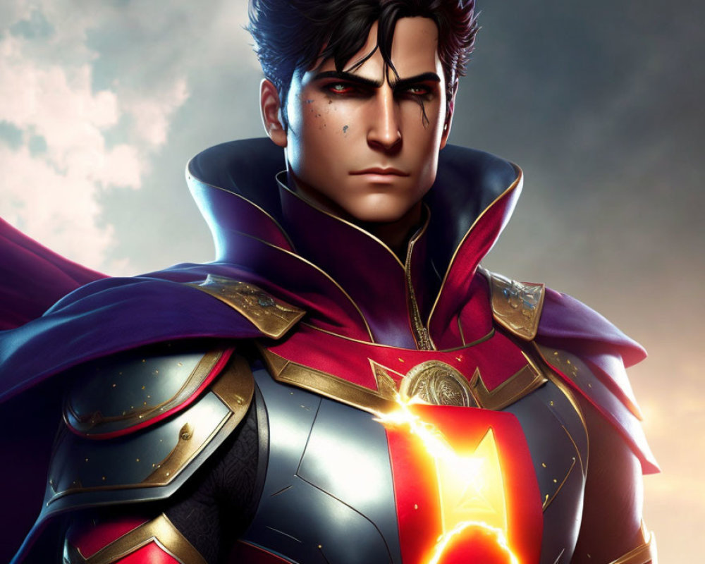 Male superhero in red and gold suit with cape: stylized portrayal