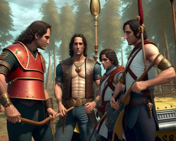 Three male warriors in historical armor with weapons in a forest setting