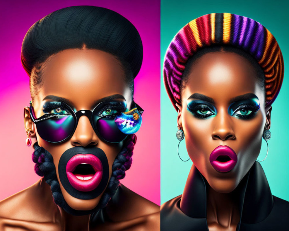 Dual portrait of woman with creative makeup, two hairstyles, vivid backgrounds