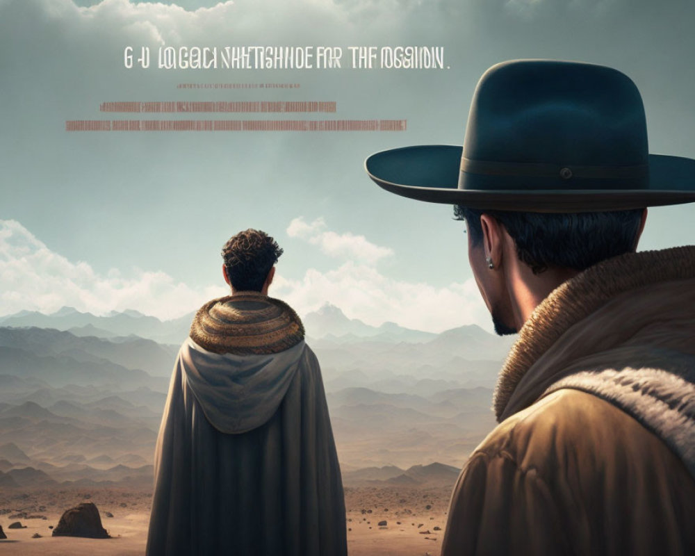 Vintage-clad men in desert landscape with dramatic sky