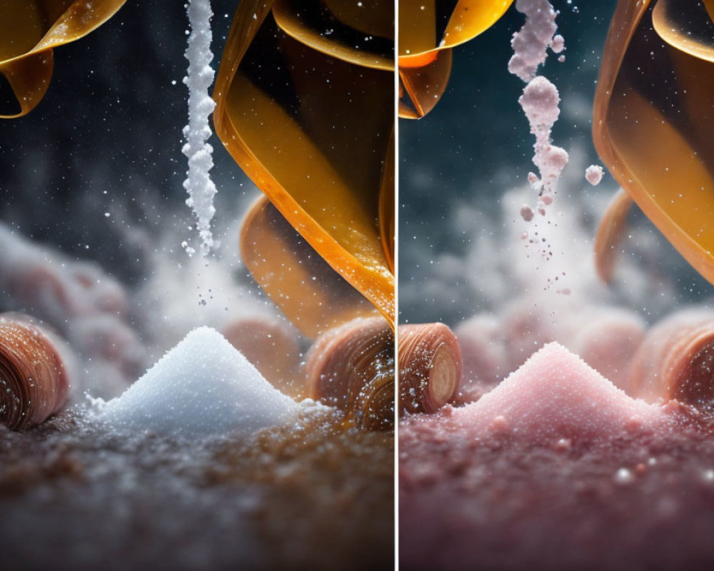 Golden liquid pouring on salt mound with pink substance, salt granules - snowy landscape.