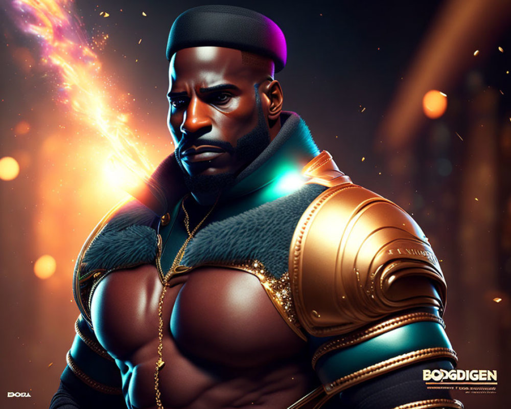 Muscular character in futuristic armor with beard and headband