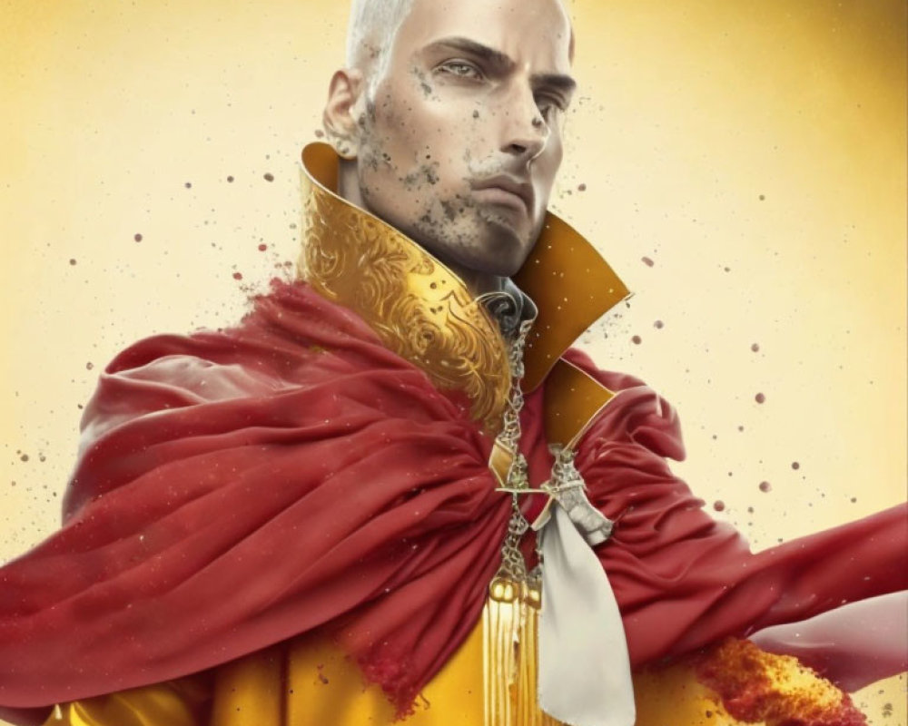 Metallic-skinned figure in red cloak and gold attire on yellow background with dust effect