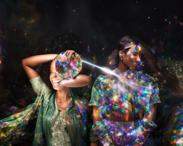 Two women surrounded by colorful mystical lights and enchanting aura