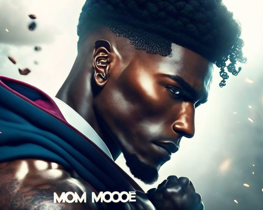 Digital portrait of a man with high-top fade, earring, and superhero cape