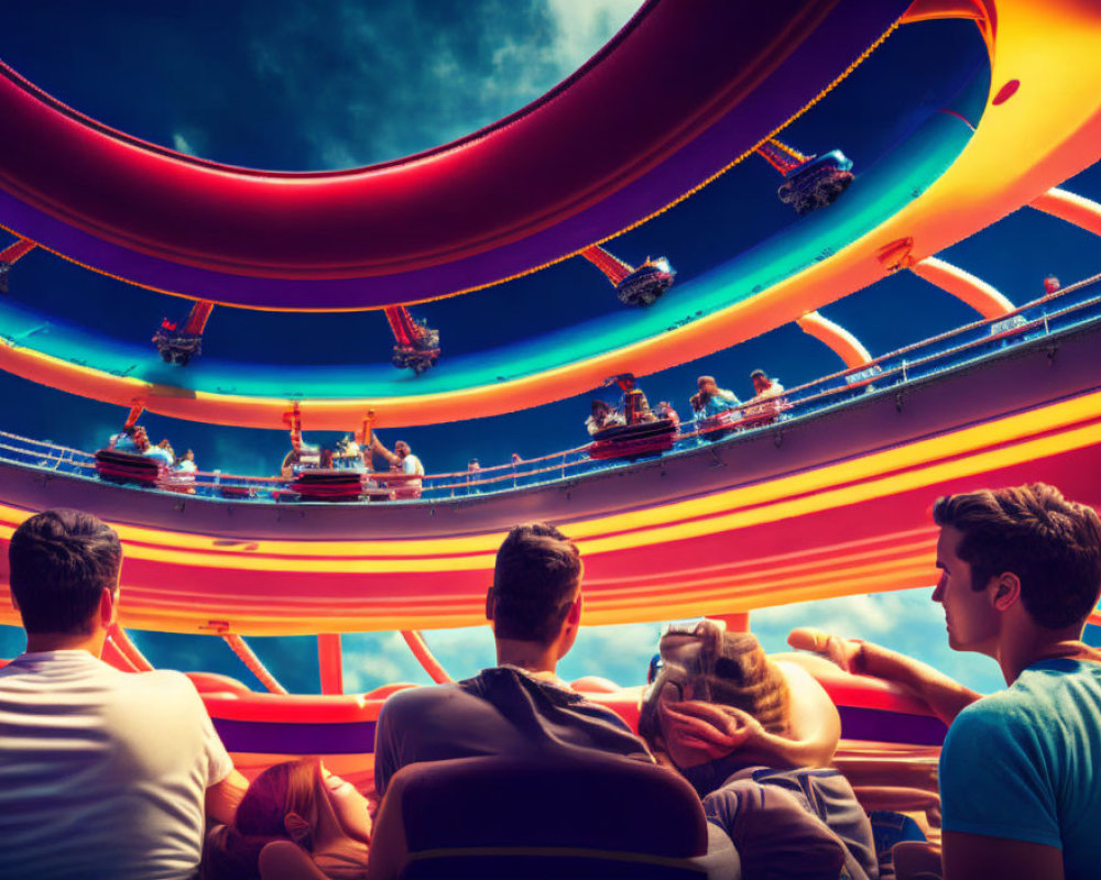 Colorful amusement park ride on sunny day with blue skies
