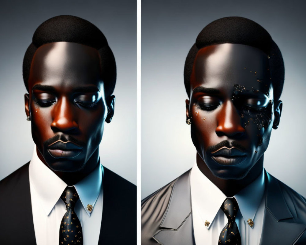 Split-image of man with human and robotic sides in dark tones
