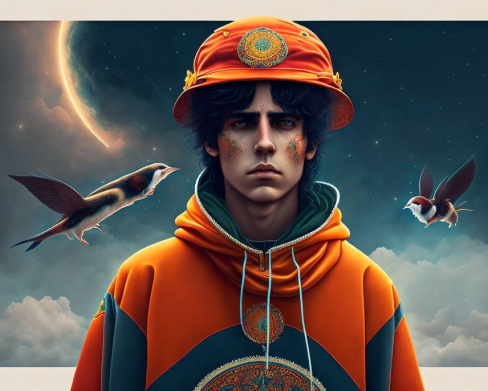 Dark Curly-Haired Youth in Orange Cap and Hoodie Under Crescent Moon