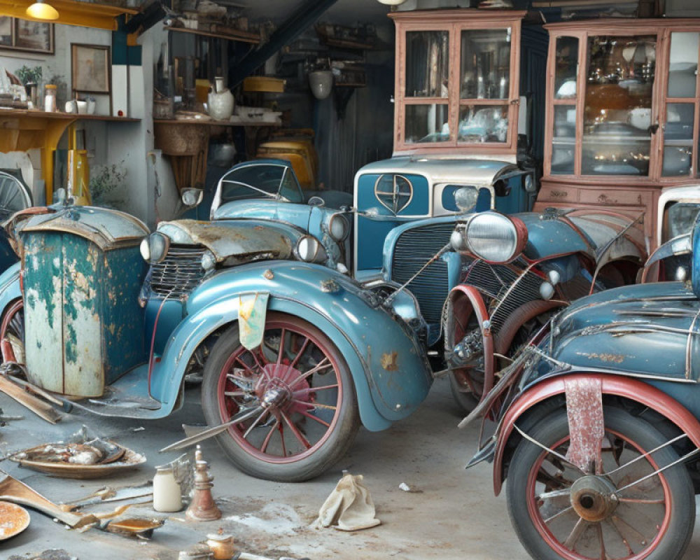 Rustic garage filled with vintage cars and antiques