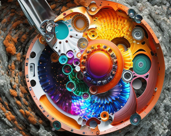 Intricate mechanical assembly in tree trunk combines nature and technology